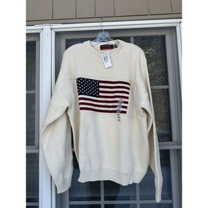 Focus America Crewneck Sweater Mens Knit Ivory USA Flag Patriotic Preppy XL New